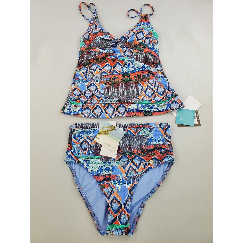 Sunseeker Australia Microfibre Tankini Swimsuit Blue Geometric D Cup Size 6 NEW